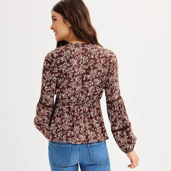 NWT Babydoll Top V Neck Top Floral Small Chocolate Brown - Picture 5 of 6